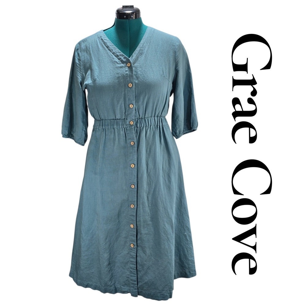 Grae Cove Dress Womens S Blue Linen Cotton Midi Button Front V-Neck Coastal Boho